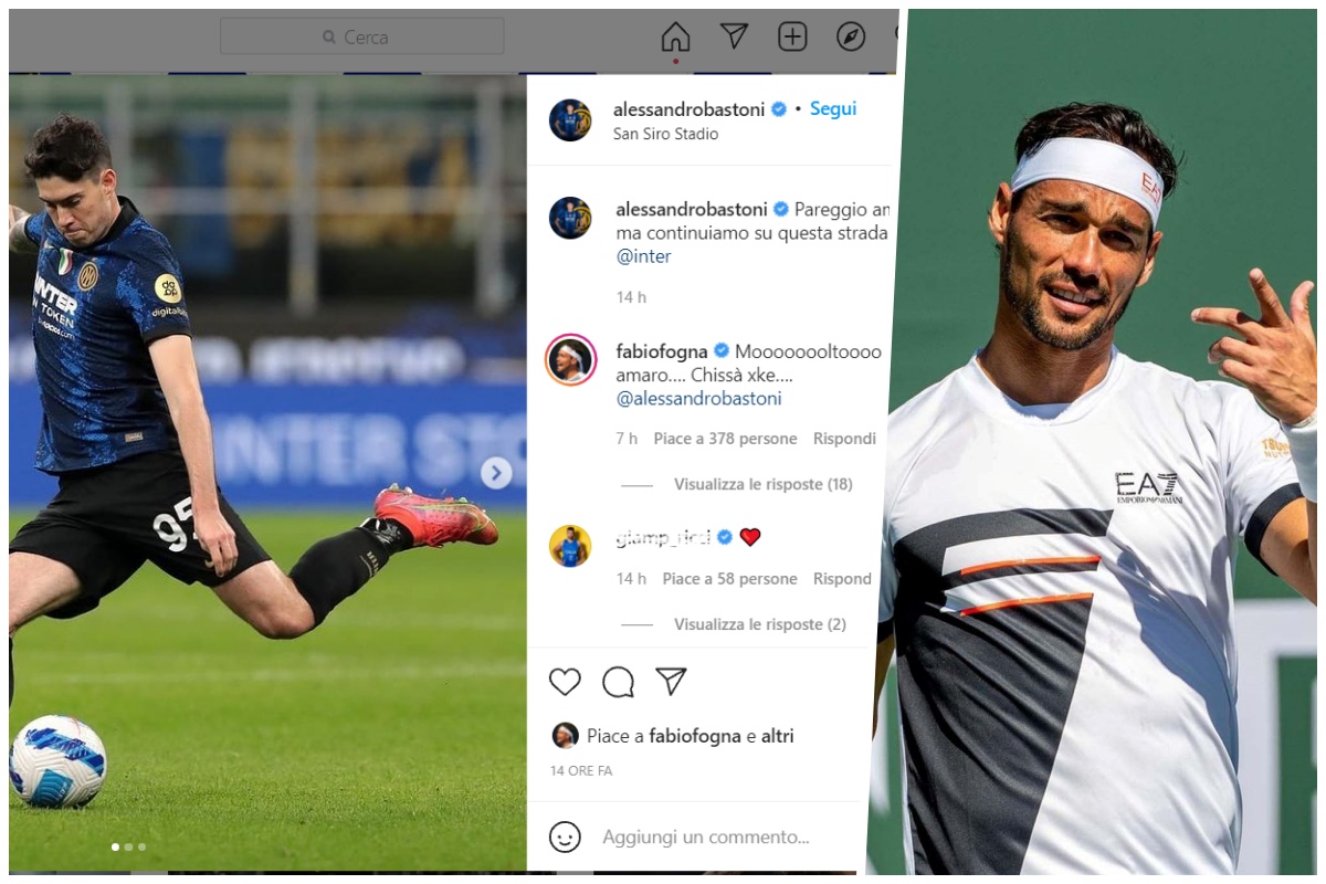Fognini l’interista replica a Bastoni sul pareggio della Juve a San Siro: “Moooltooo amaro… chissà perché”
