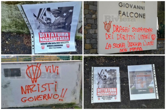 L’hub vaccinale di Camporosso deturpato con scritte e volantini contro la “dittatura nazisanitaria”