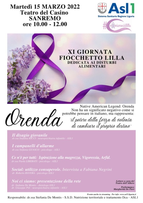 Anche a Sanremo la giornata del “Fiocchetto Lilla” contro i disturbi dell’alimentazione