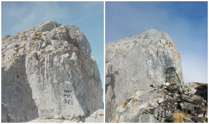 La roccia “Dado degli dei” deturpata con una scritta di vernice nera
