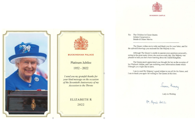 La Regina d’Inghilterra risponde agli auguri degli alunni di una primaria di Diano Marina