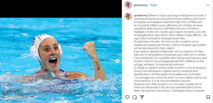 Si ritira dalla pallanuoto la campionessa imperiese Giulia Emmolo:  “Orgogliosa di tutto, dopo 16 anni non ho rimpianti”