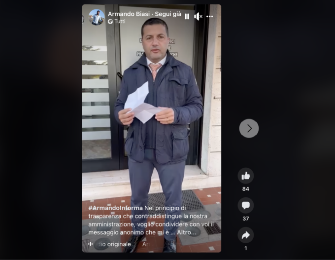 Lettera anonima con insulti contro il sindaco Biasi di Vallecrosia