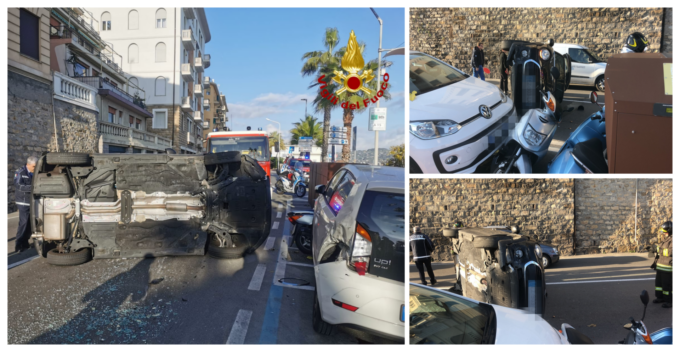 Auto con due donne all’interno si cappotta in corso Garibaldi a Imperia
