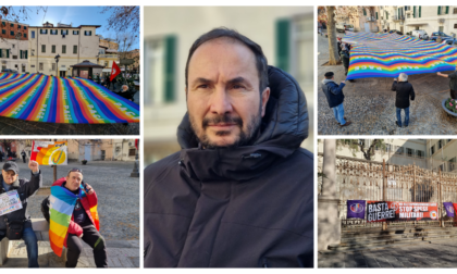 "No Zelensky al Festival": Rifondazione srotola 30 metri di bandiera arcobaleno