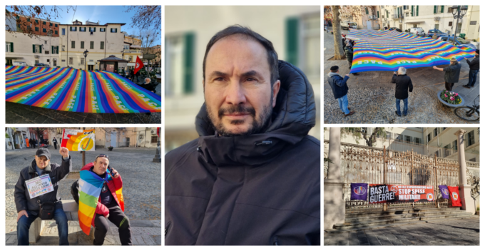 “No Zelensky al Festival”: Rifondazione srotola 30 metri di bandiera arcobaleno