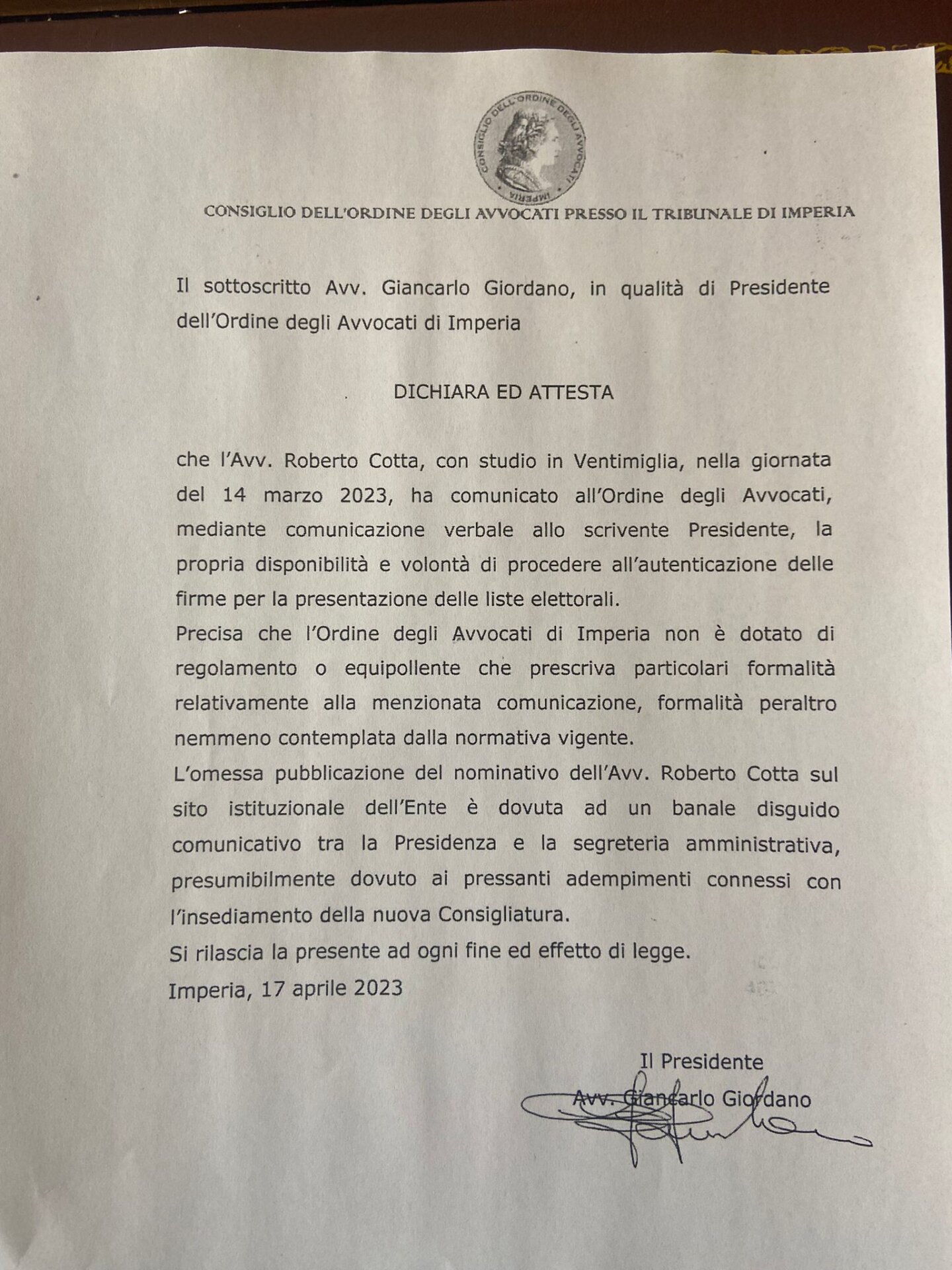 Scullino sindaco dichiarazione presidente ordine degli avvocati autentica Roberto Cotta