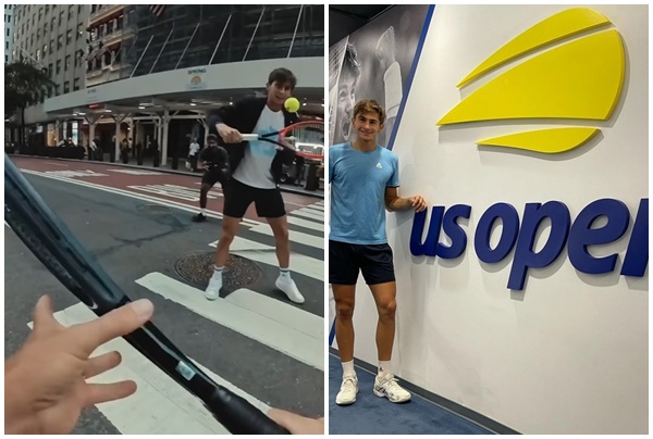 Matteo Arnaldi showman gioca a tennis sulle strade di Manhattan