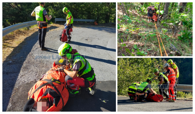 Motociclista vola per una ventina di metri sotto strada, salvato dagli alberi