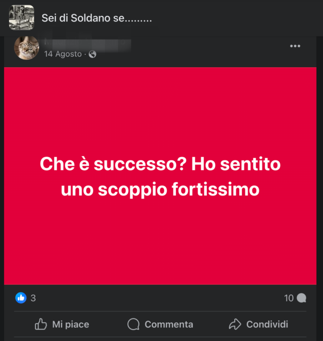“Ho sentito uno scoppio fortissimo”: l’inquietante post due settimane prima della tragedia di Soldano
