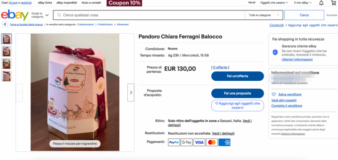 Il pandoro di Chiara Ferragni all’asta su eBay: prezzo di partenza 130 euro