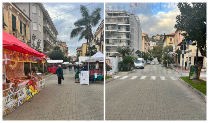 Le due facce di corso Italia: una con luminarie, bancarelle; l’altra vuota e strada chiusa