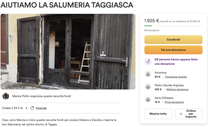 Avviata una campagna di solidarietà per la Salumeria Taggiasca