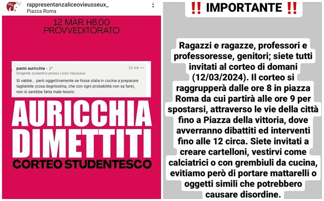 Post sessista Preside Auricchia – Domani mobilitazione degli studenti che chiedono le dimissioni