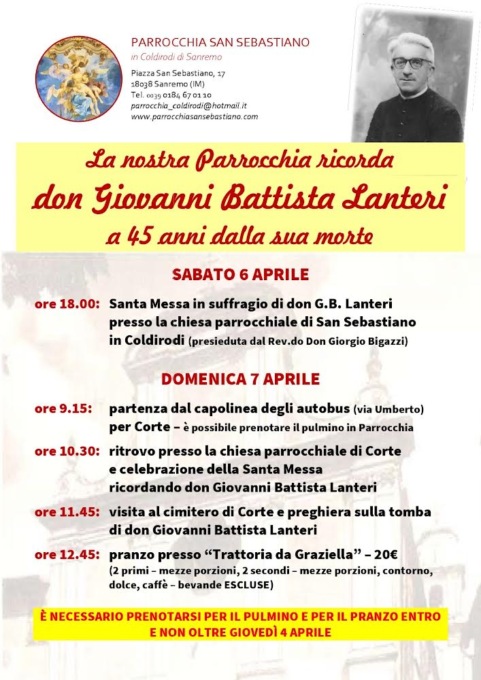 La Parrocchia di San Sebastiano in Coldirodi ricorda il parroco Don Giovanni Battista Lanteri a 45 anni dalla sua morte