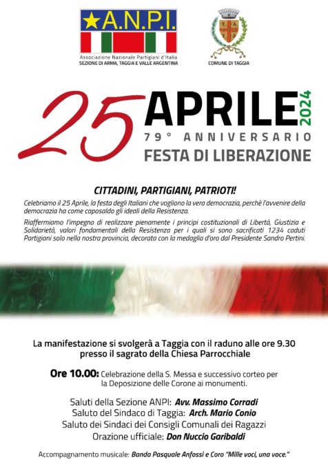 Ricorrenza del 25 aprile a Taggia: il programma del 79° Anniversario della Liberazione