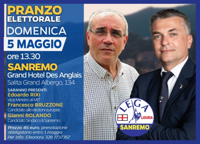 Elezioni Sanremo, domenica 5 maggio pranzo col Vice Ministro Rixi a sostegno di Rolando Sindaco