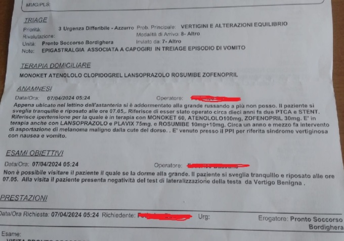 Il referto sberleffo del medico di Bordighera: “Paziente non si può visitare, dorme alla grande e russa a più non posso”