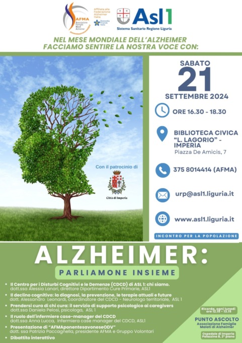 Giornata mondiale dell’Alzheimer, evento informativo questo sabato
