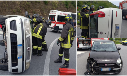 Scontro tra due auto sulla statale 28, una si ribalta su un fianco