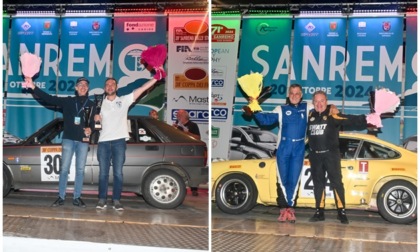 I vincitori della Coppa dei Fiori e i ringraziamenti del patron del Rallye Sanremo Sergio Maiga