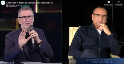 Siparietto tra Fabio Fazio e Carlo Conti sulla durata delle serate: “Ho calcolato 4 ore e 46 minuti l’una”. “Noooo!!! Meno, meno”