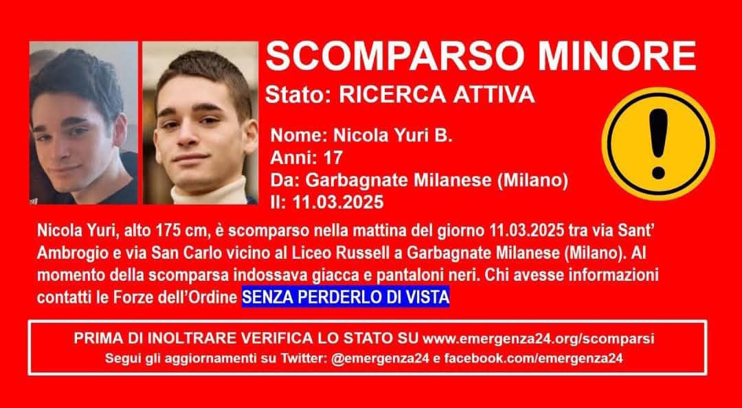 Nicola Yuri Bruzzano scomparso Garbagnate Milanese Ventimiglia