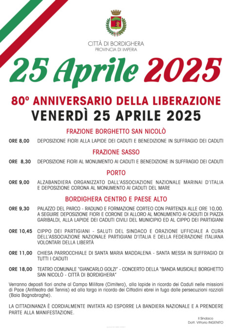 25 Aprile: il programma delle celebrazioni a Bordighera