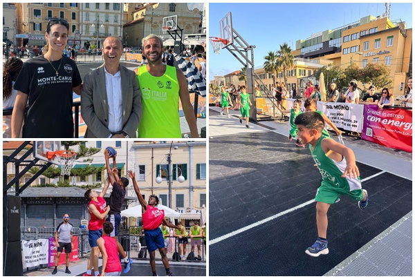 Spettacolo basket 3 contro 3 per tre giorni sul solettone di Piazza Colombo a Sanremo