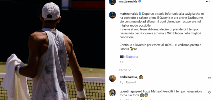 Matteo Arnaldi rassicura i fans dopo l’infortunio alla caviglia: “Ci vediamo a Londra!”