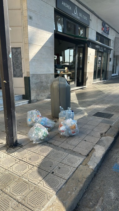 Sacchetti della spazzatura abbandonati nel salotto della città