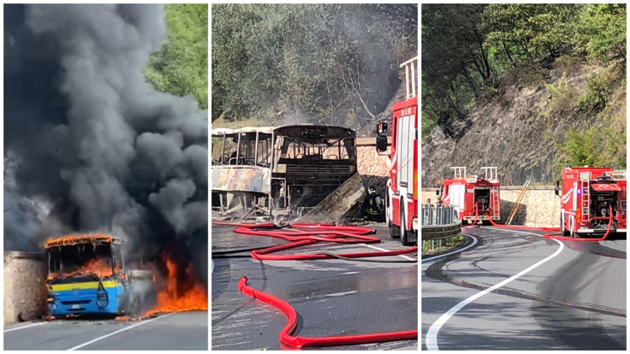 Autobus RT in fiamme sulla statale 28