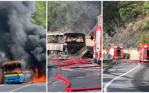 Autobus RT in fiamme sulla statale 28