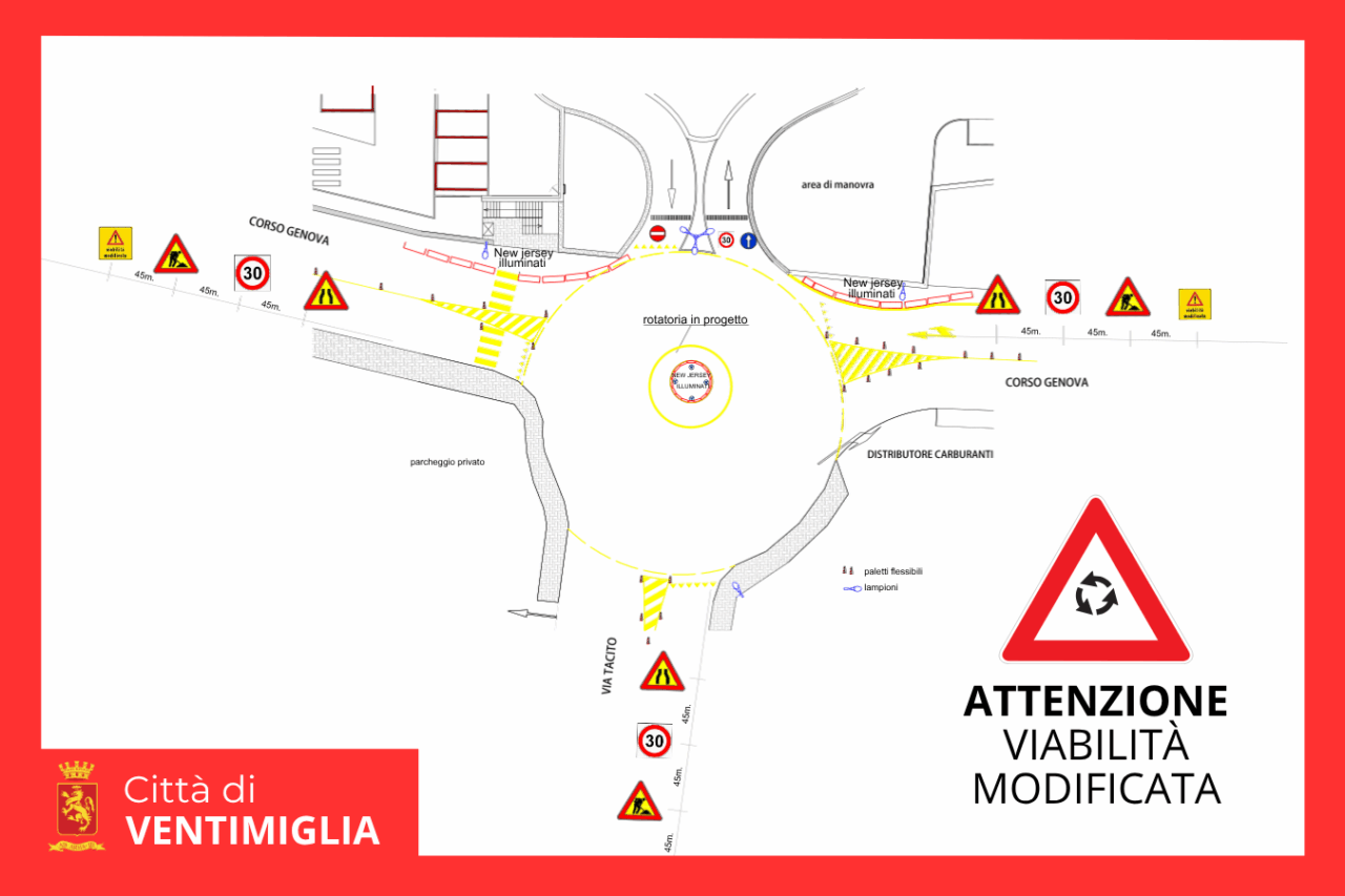 Ventimiglia: avvio lavori per nuova rotatoria provvisoria e completamento parcheggio in Corso Genova