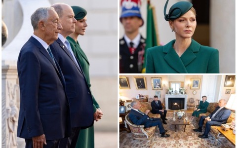 Tutti gli occhi per Charlene (splendida in total green di Emilia Wickstead) per la visita del portoghese Rebelo de Sousa