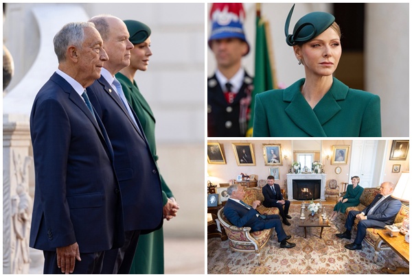 Tutti gli occhi per Charlene (splendida in total green di Emilia Wickstead) per la visita del portoghese Rebelo de Sousa