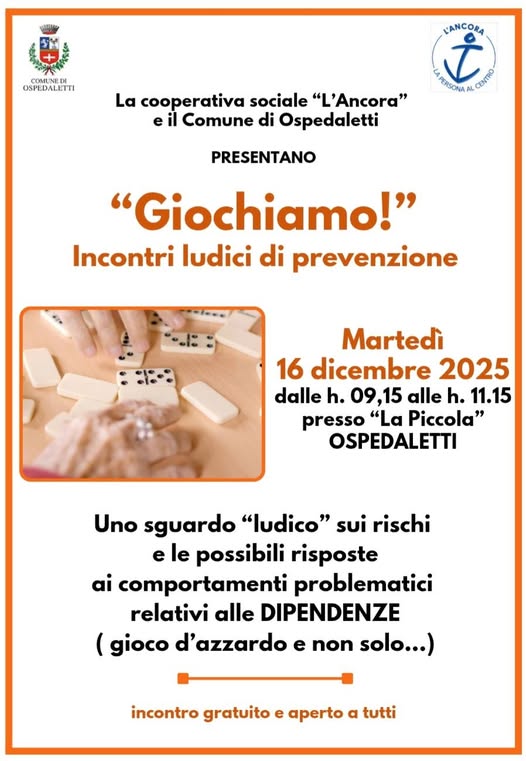 Martedì l’incontro “Giochiamo! – Incontri ludici di prevenzione”