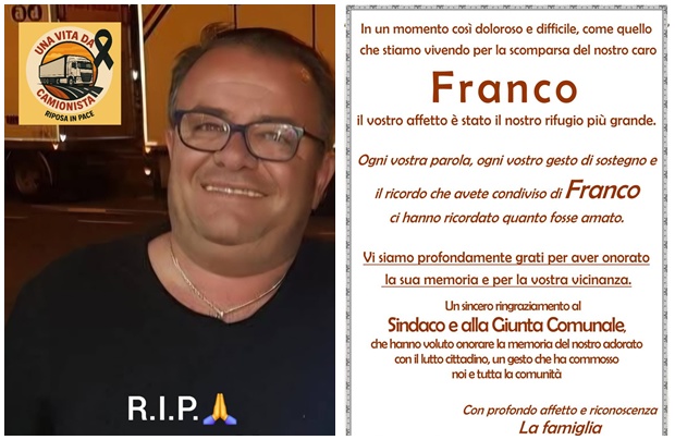Lutto cittadino a Turi per Franco Ventrella il camionista morto a Lucinasco. La lettera della sorella