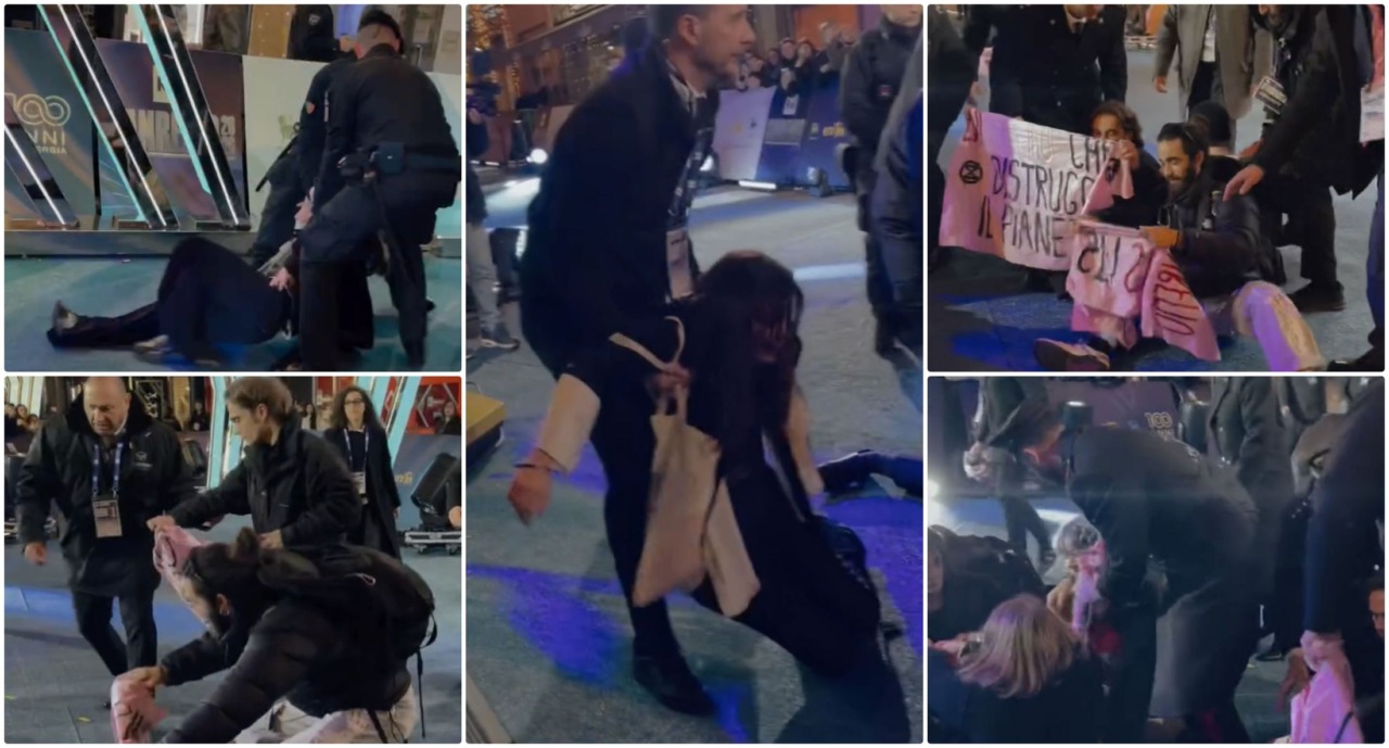 Blitz ambientalisti fuori dall’Ariston, respinti da forze dell’ordine e agenti sicurezza. Video