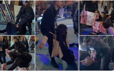 Blitz ambientalisti fuori dall’Ariston, respinti da forze dell’ordine e agenti sicurezza. Video