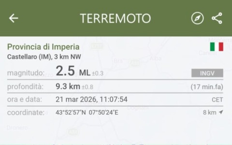 Scossa di terremoto avvertita a Taggia e comprensorio