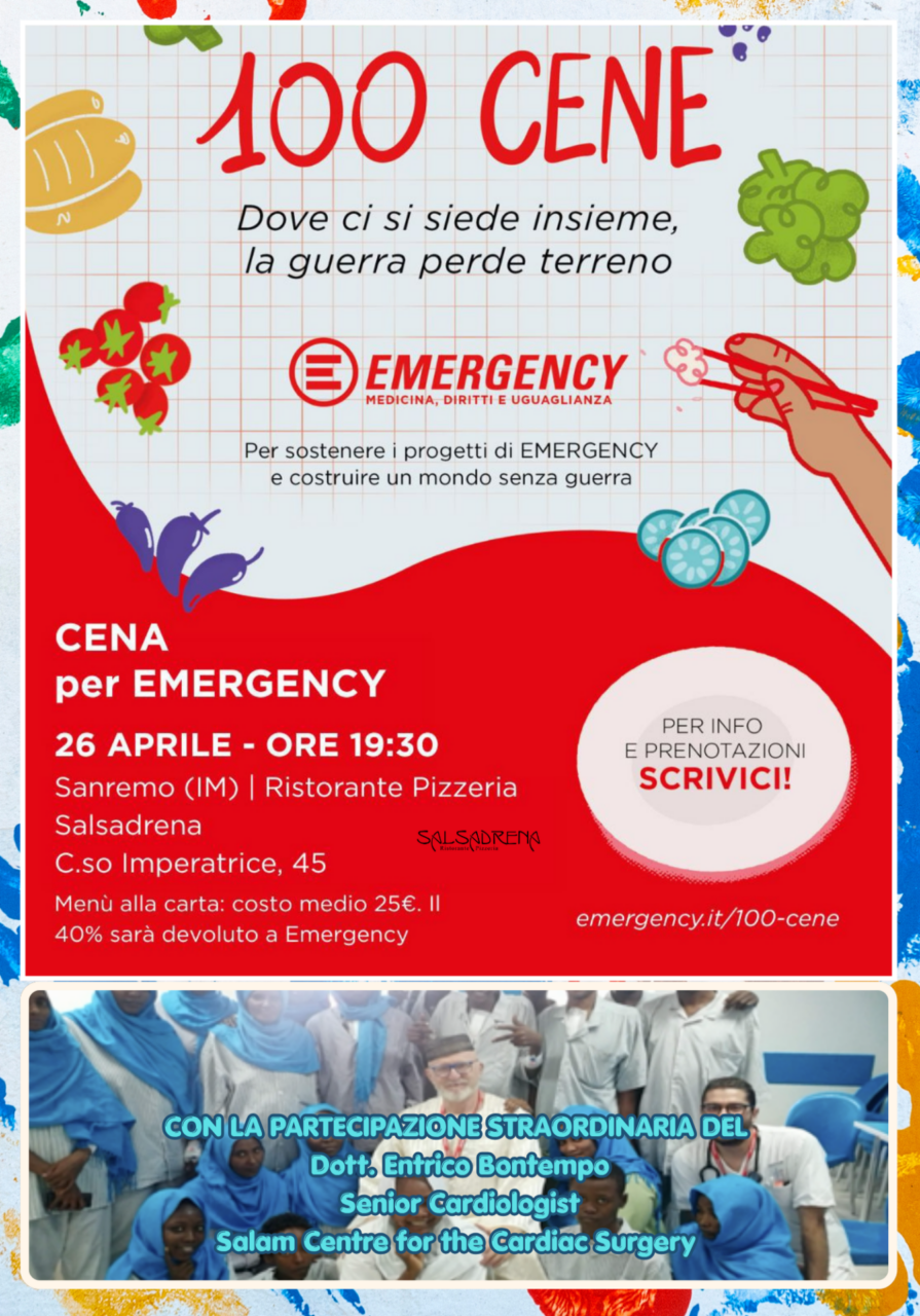 Il 26 aprile a Sanremo la cena solidale di EMERGENCY