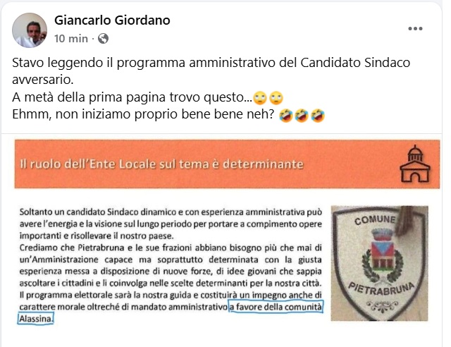 Il programma elettorale a Pietrabruna copiato da quello di Alassio?