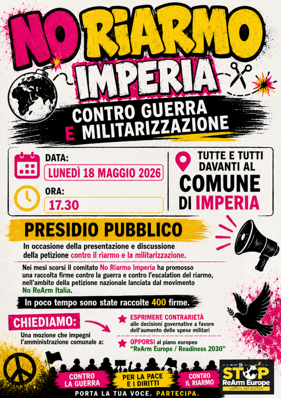Comitato No Riarmo Imperia chiede mozione contro la militarizzazione