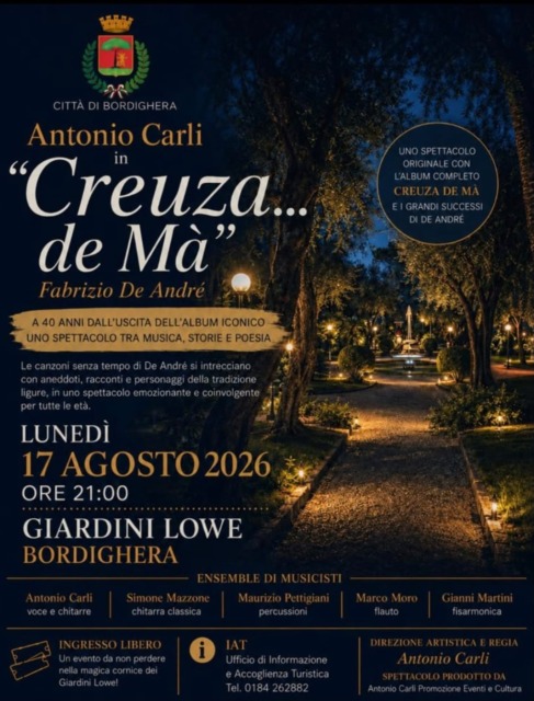 A Bordighera uno spettacolo in omaggio a Fabrizio De André